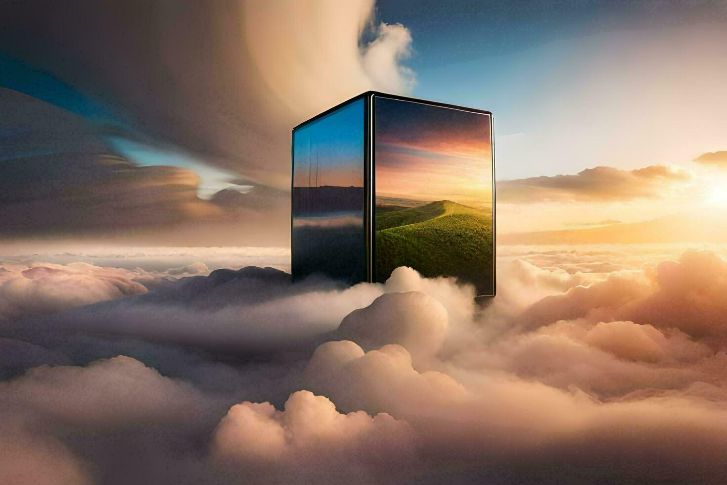 a cube in the sky with clouds. AI-Generated photo