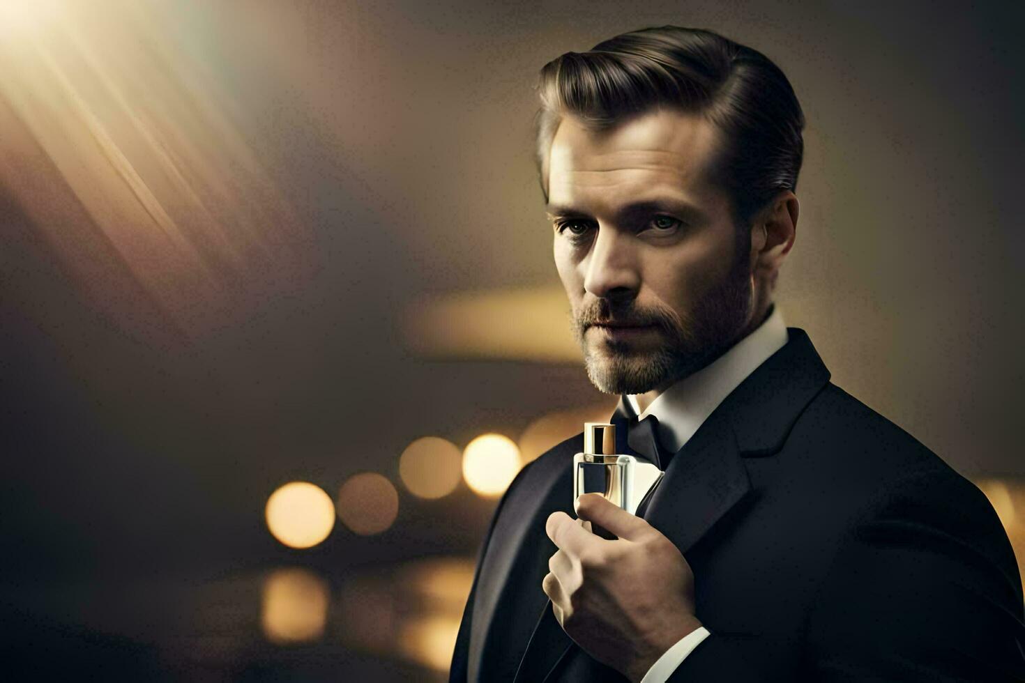 a man in a suit and tie holding a bottle of cologne. AI-Generated photo