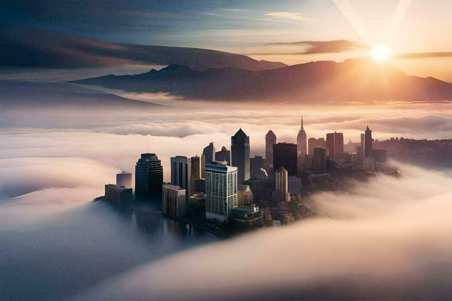 a city surrounded by fog and mountains. AI-Generated photo