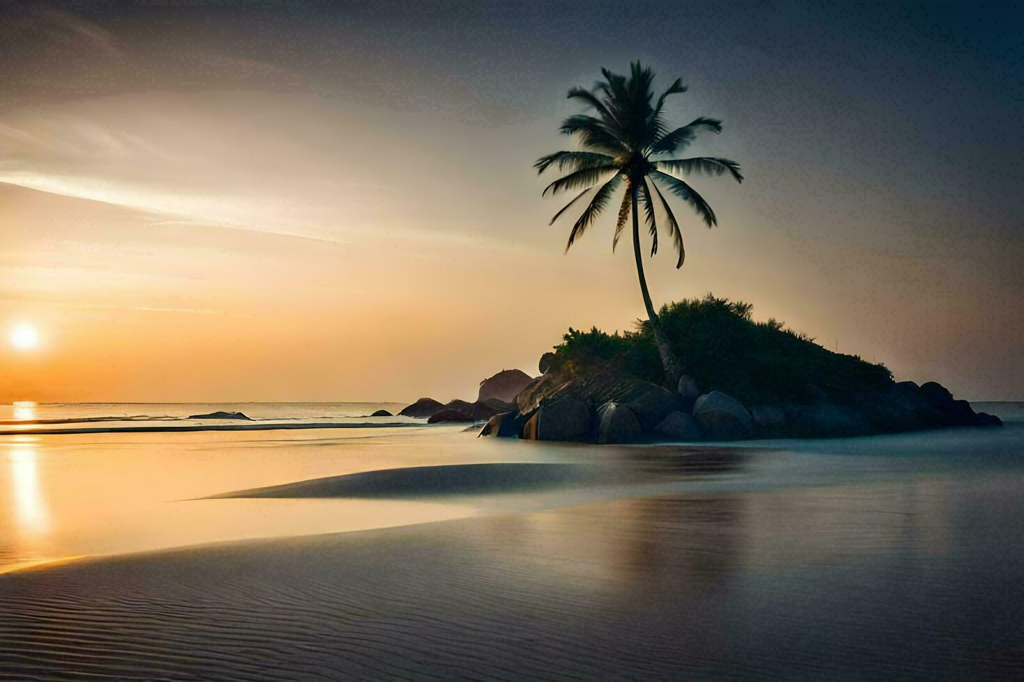 a palm tree stands on the beach at sunset. AI-Generated photo