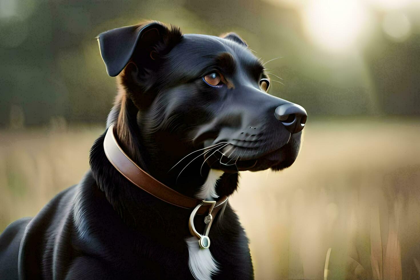 a black dog with a collar sitting in a field. AI-Generated photo
