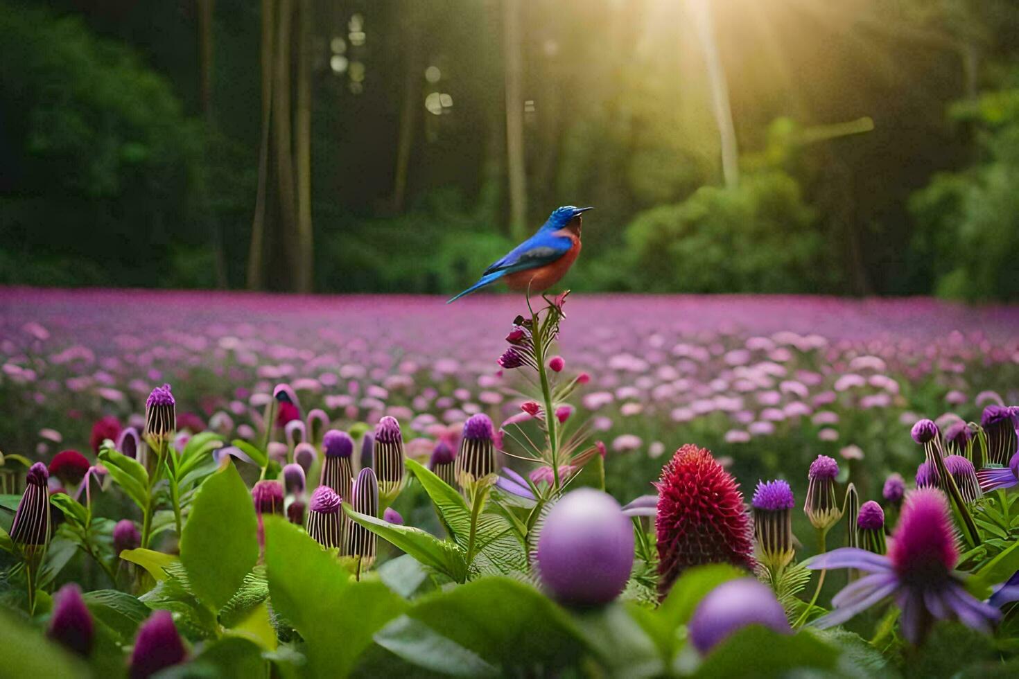 a blue bird is perched on top of a purple flower. AI-Generated photo