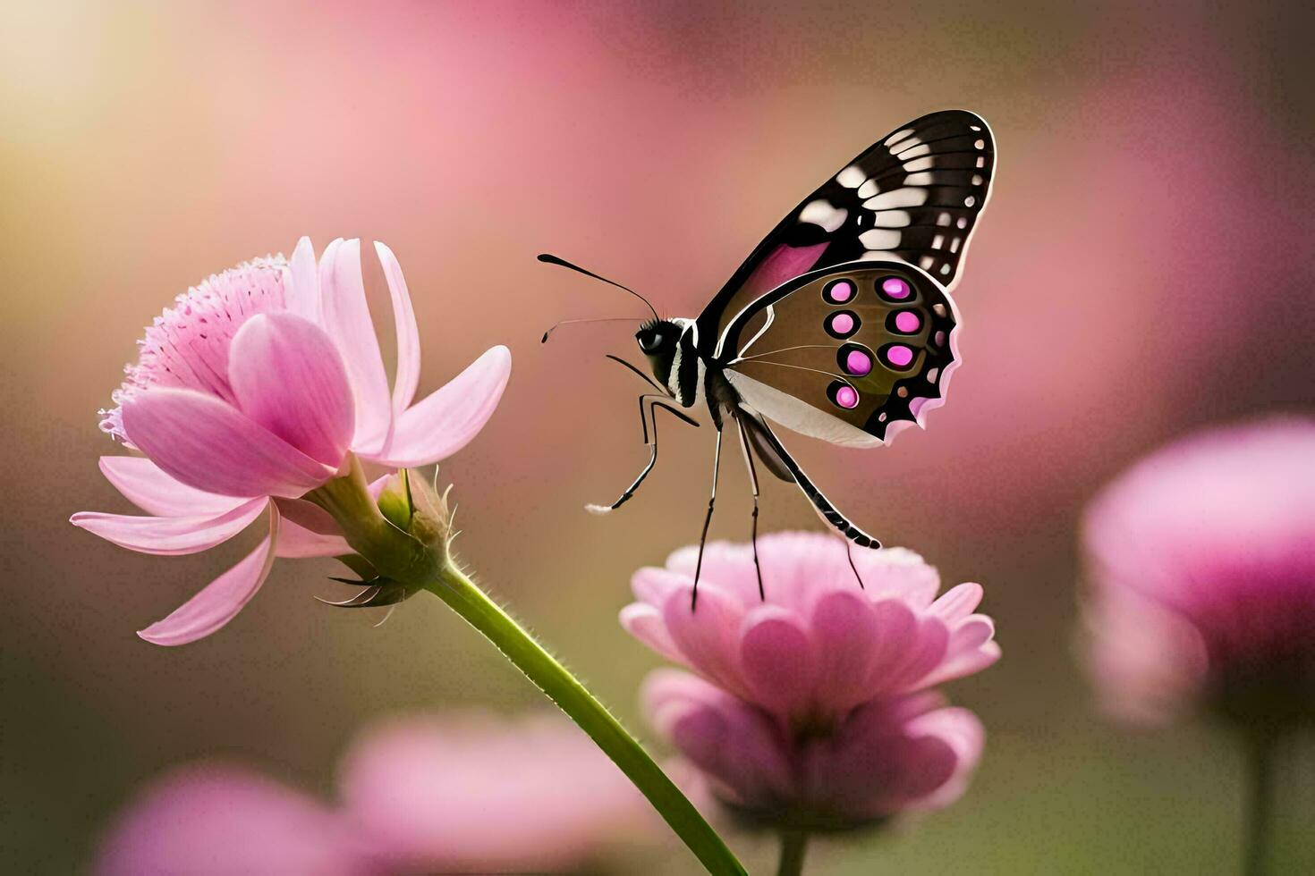 un mariposa es encaramado en un rosado flor. generado por ai foto