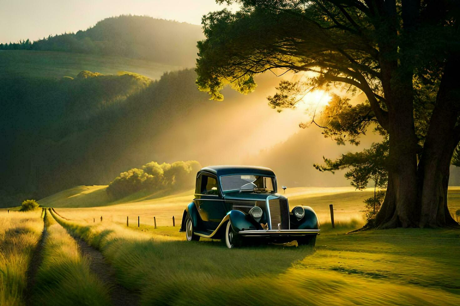 an old car is parked on a road in the middle of a field. AI-Generated photo