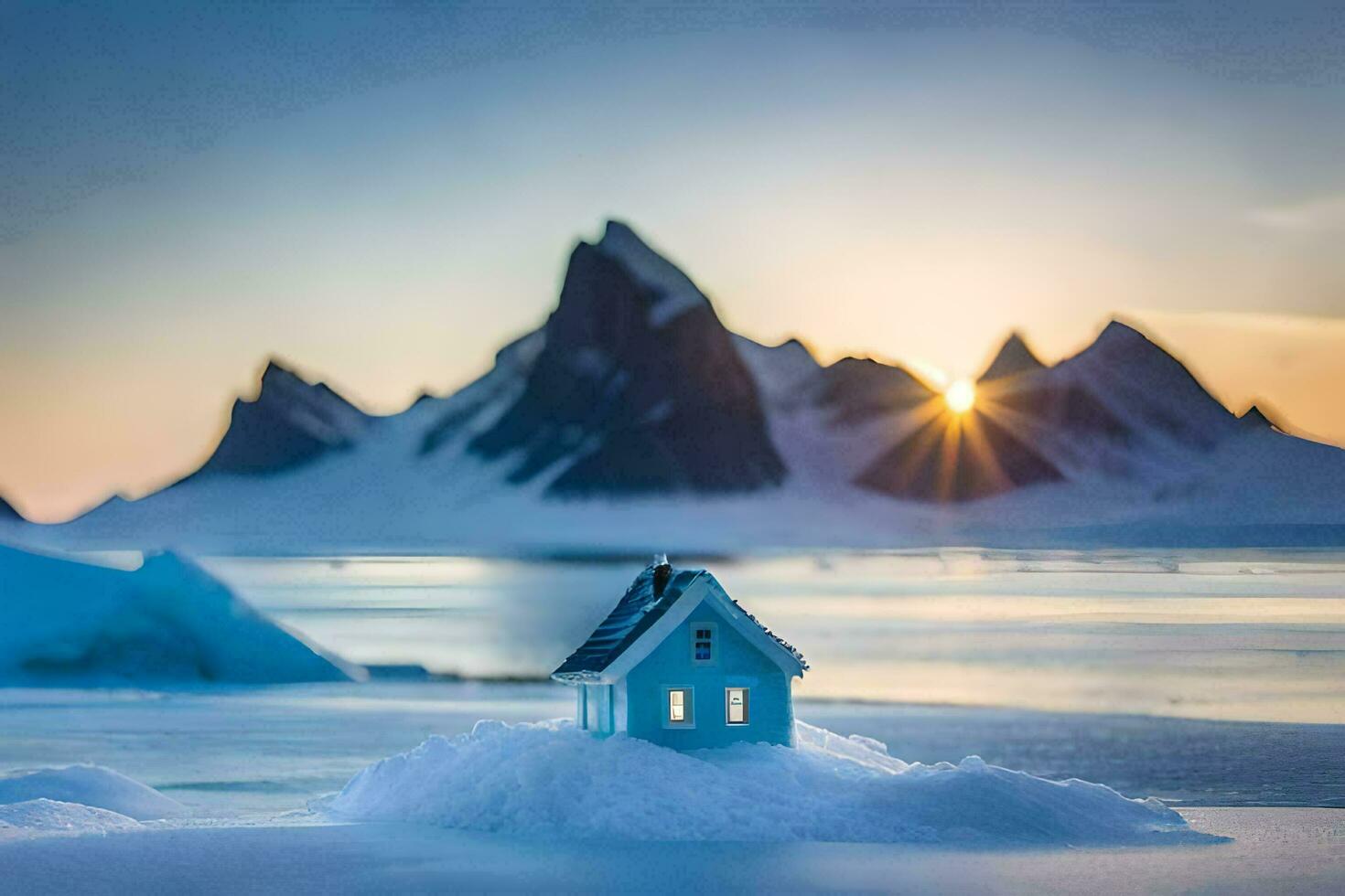 photo wallpaper the sky, mountains, the sun, the sea, the mountains, the house,. AI-Generated