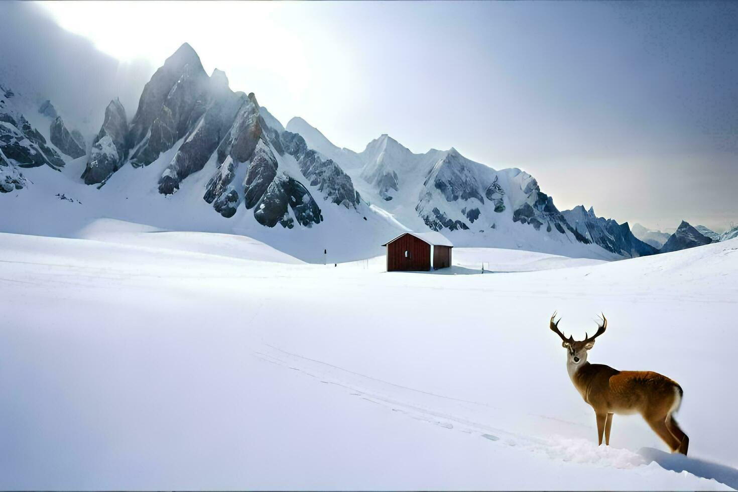 a deer stands in the snow in front of a red barn. AI-Generated photo