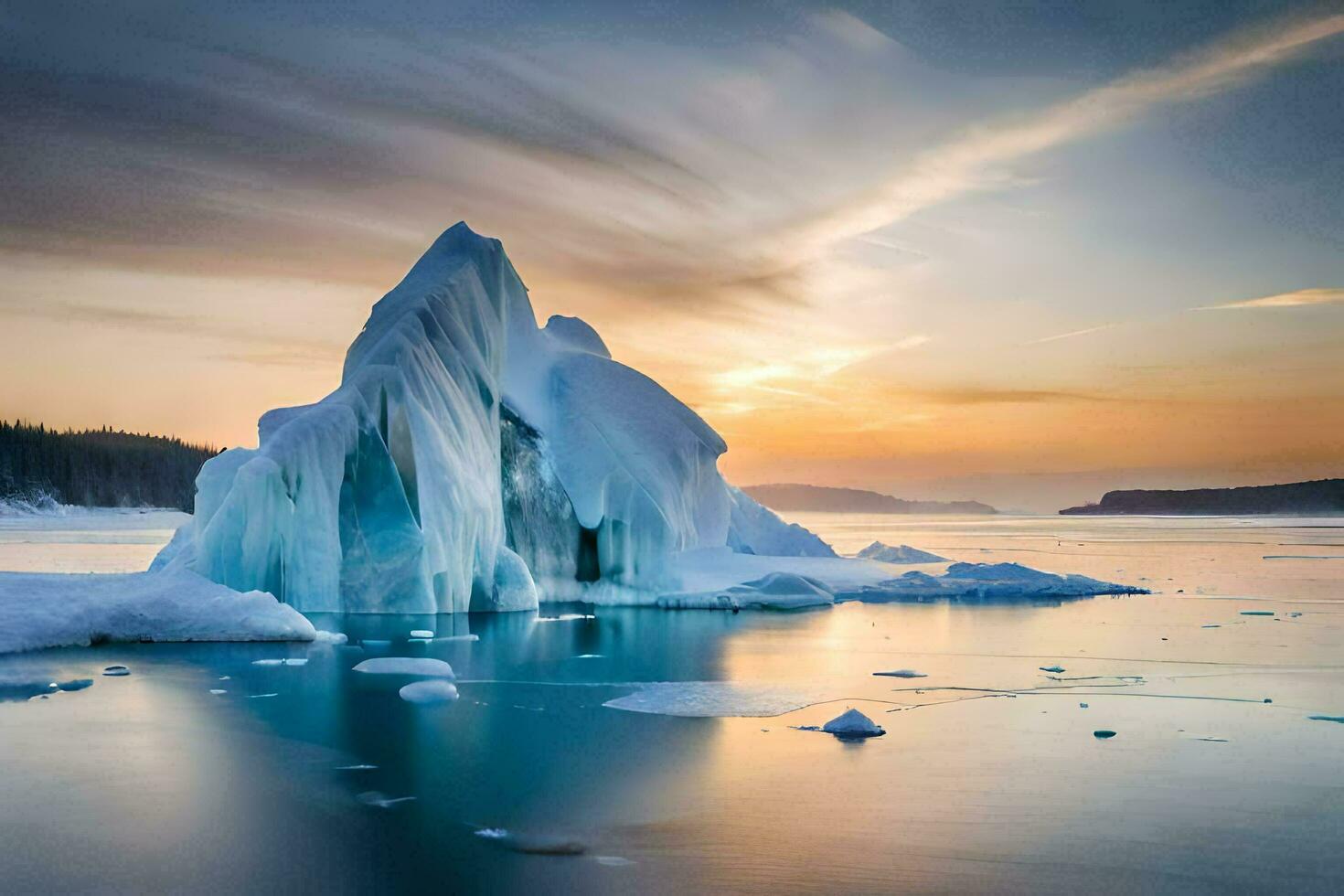 icebergs in the water at sunset. AI-Generated photo