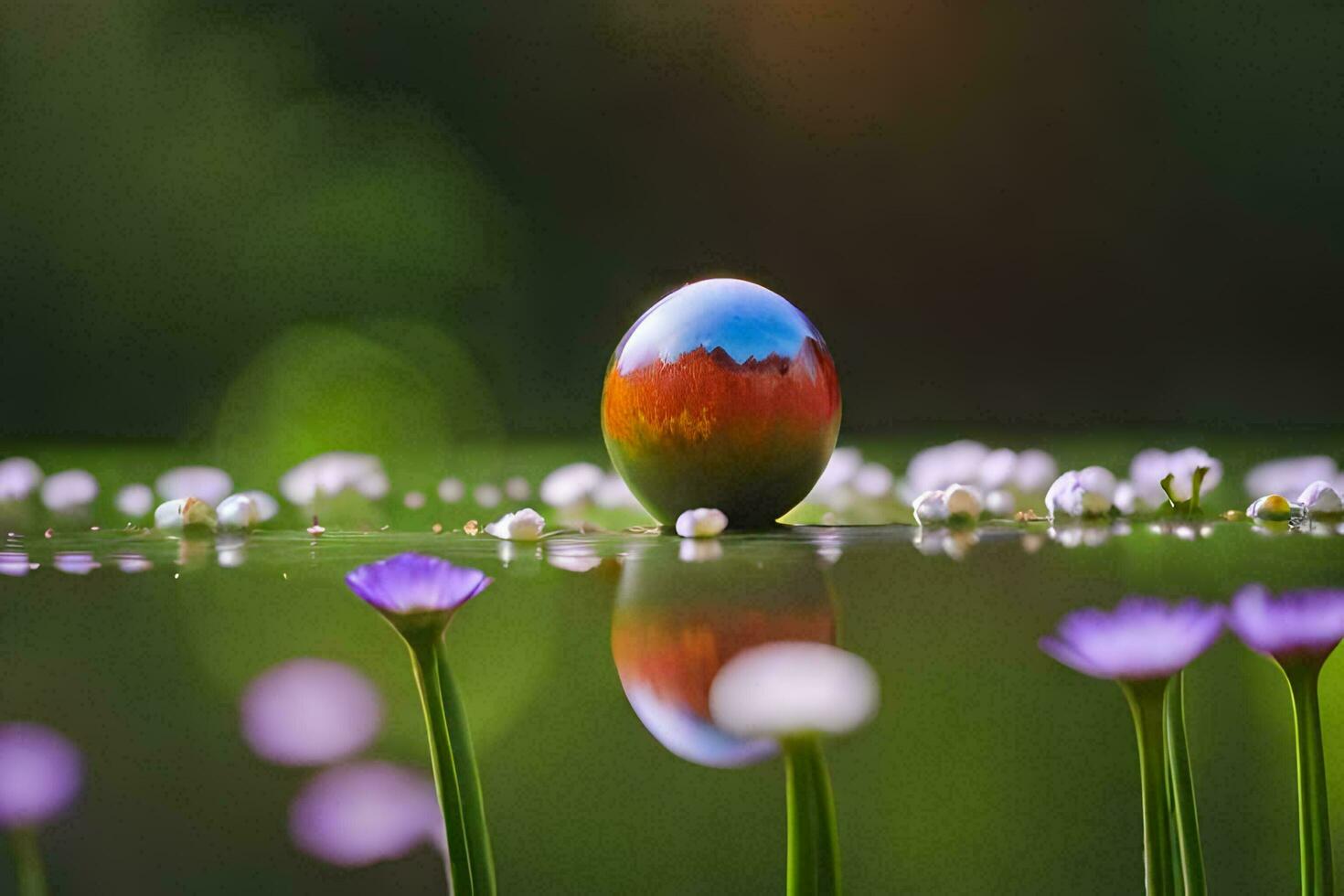 a colorful egg sitting on top of a pond with flowers. AI-Generated photo