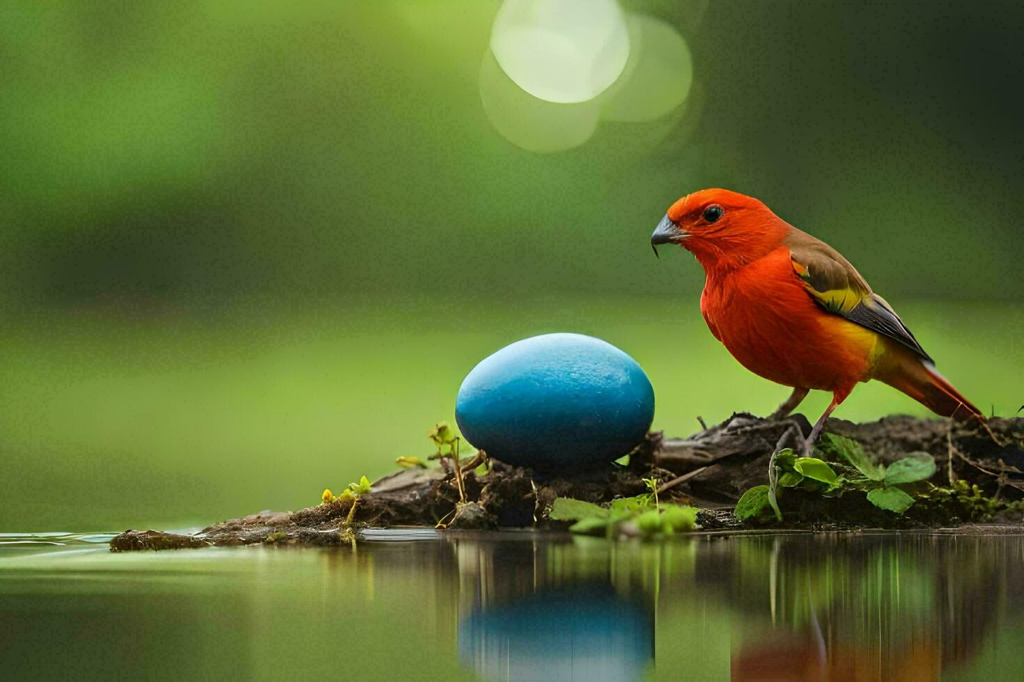 un rojo pájaro se sienta en un rama siguiente a un azul huevo. generado por ai foto