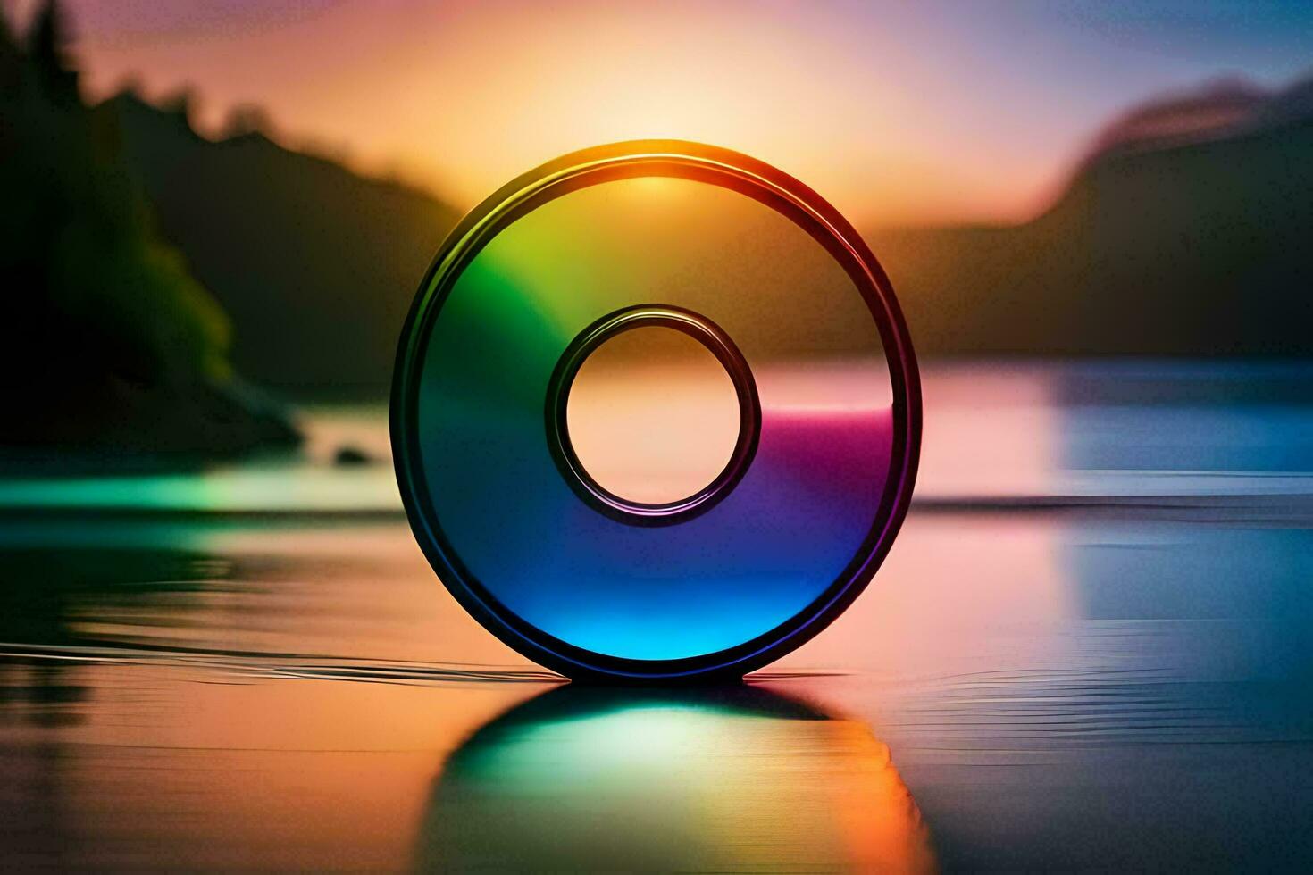 a rainbow colored disc sitting on the water. AI-Generated photo