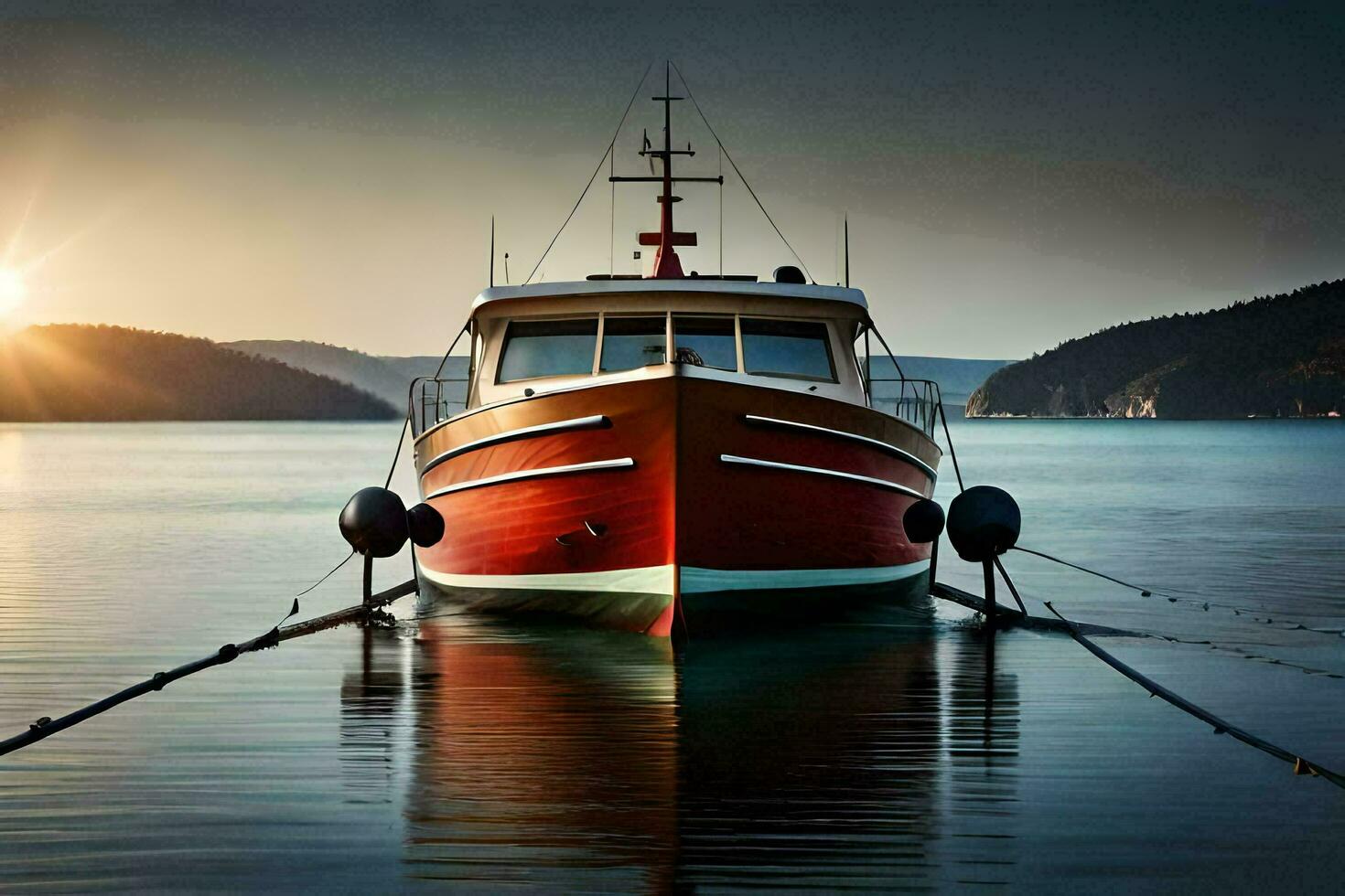 a boat docked at the shore of a lake. AI-Generated photo