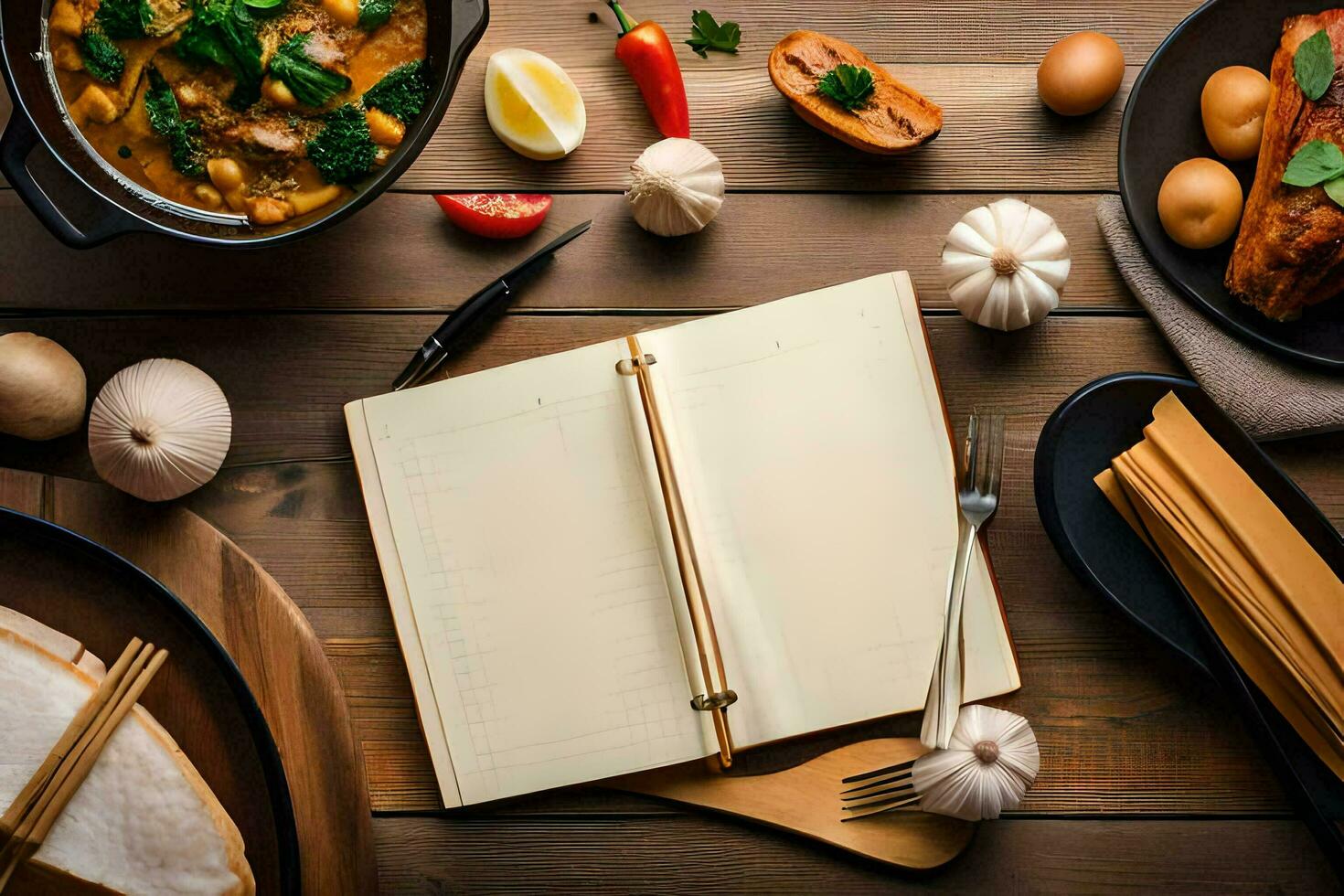 a notebook with a pen and a plate of food on a wooden table. AI-Generated photo