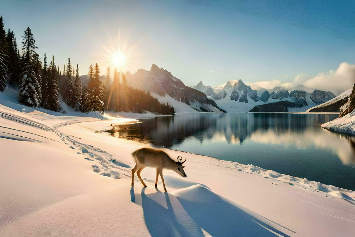 a deer stands in the snow near a lake. AI-Generated photo