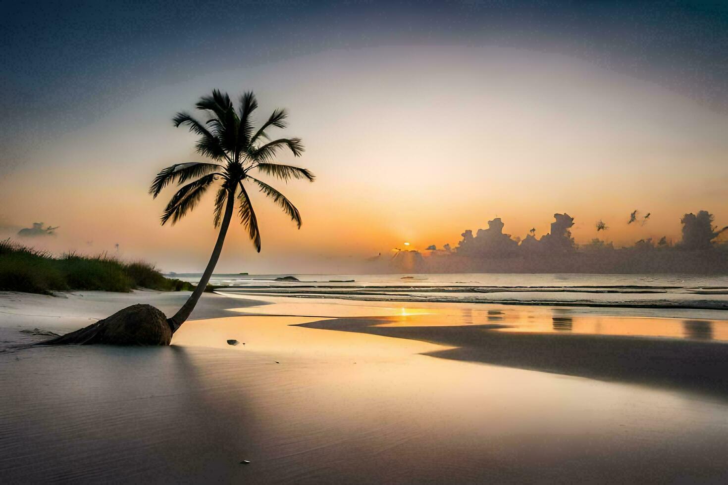 the beach, palm tree, sunset, the ocean, the sky, the beach, the sunset. AI-Generated photo