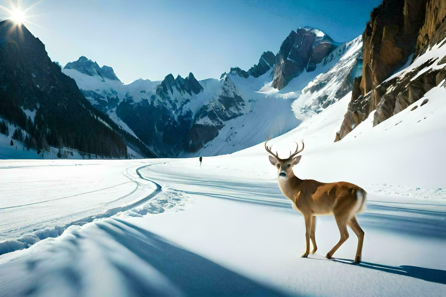 a deer stands in the snow in front of mountains. AI-Generated photo
