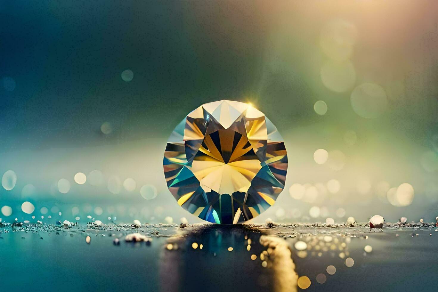 a diamond is shown on a table with water droplets. AI-Generated photo