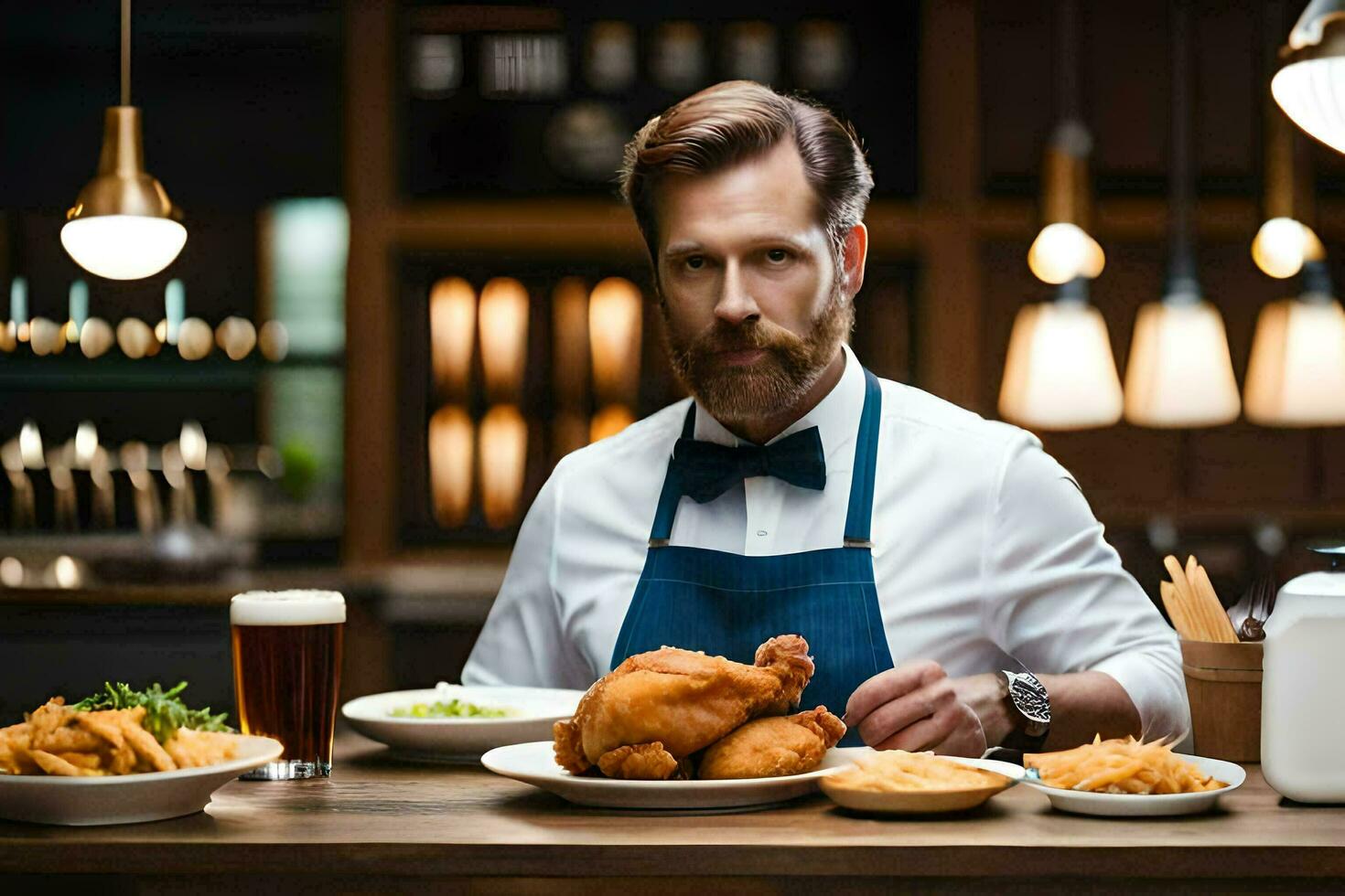 a man with a beard and apron is sitting at a table with food. AI-Generated photo