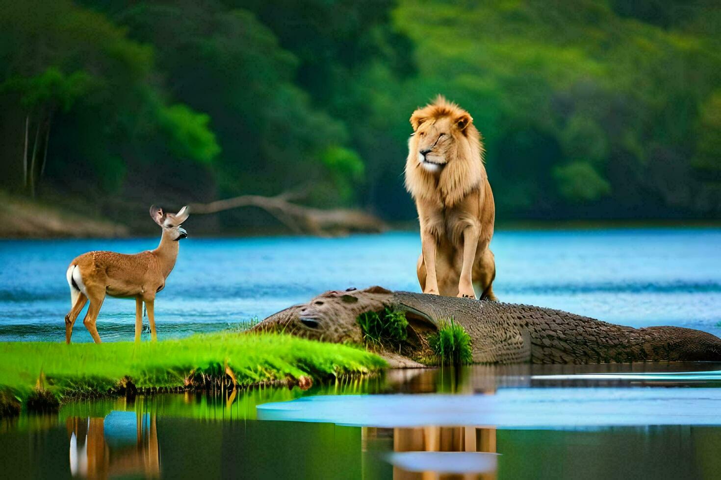 a lion and a deer are standing on the edge of a river. AI-Generated photo