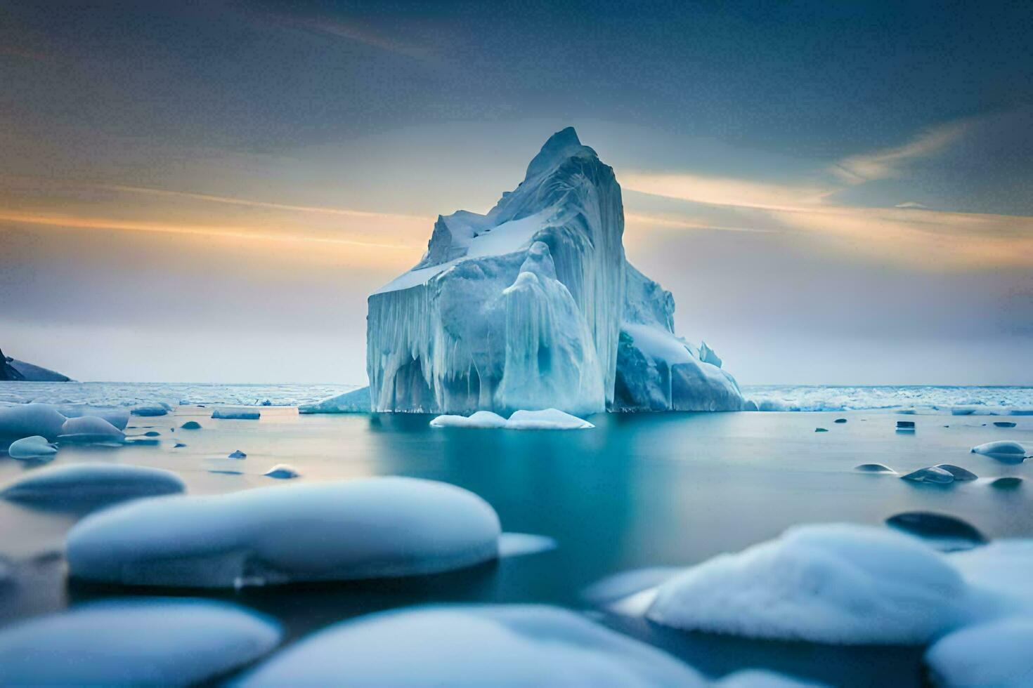 an iceberg floats in the water at sunset. AI-Generated photo