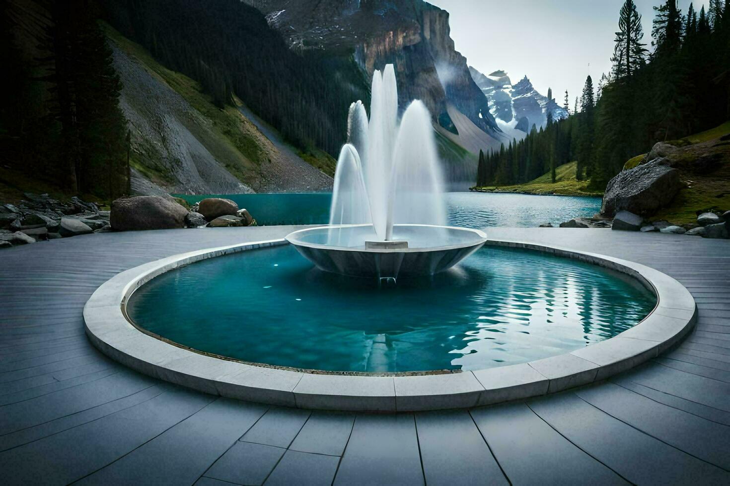 a fountain in the middle of a lake surrounded by mountains. AI-Generated photo