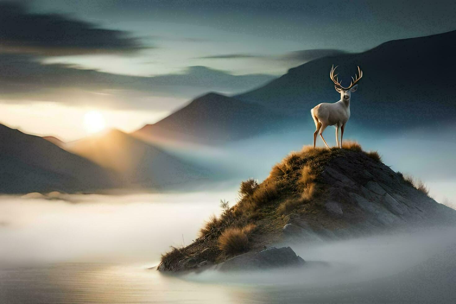 a deer stands on a rock in the fog with mountains in the background. AI-Generated photo