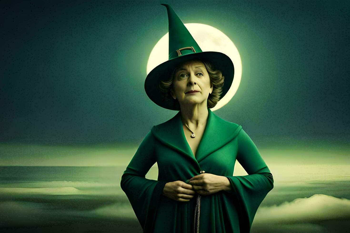 a woman in a green witch costume standing in front of a full moon. AI-Generated photo