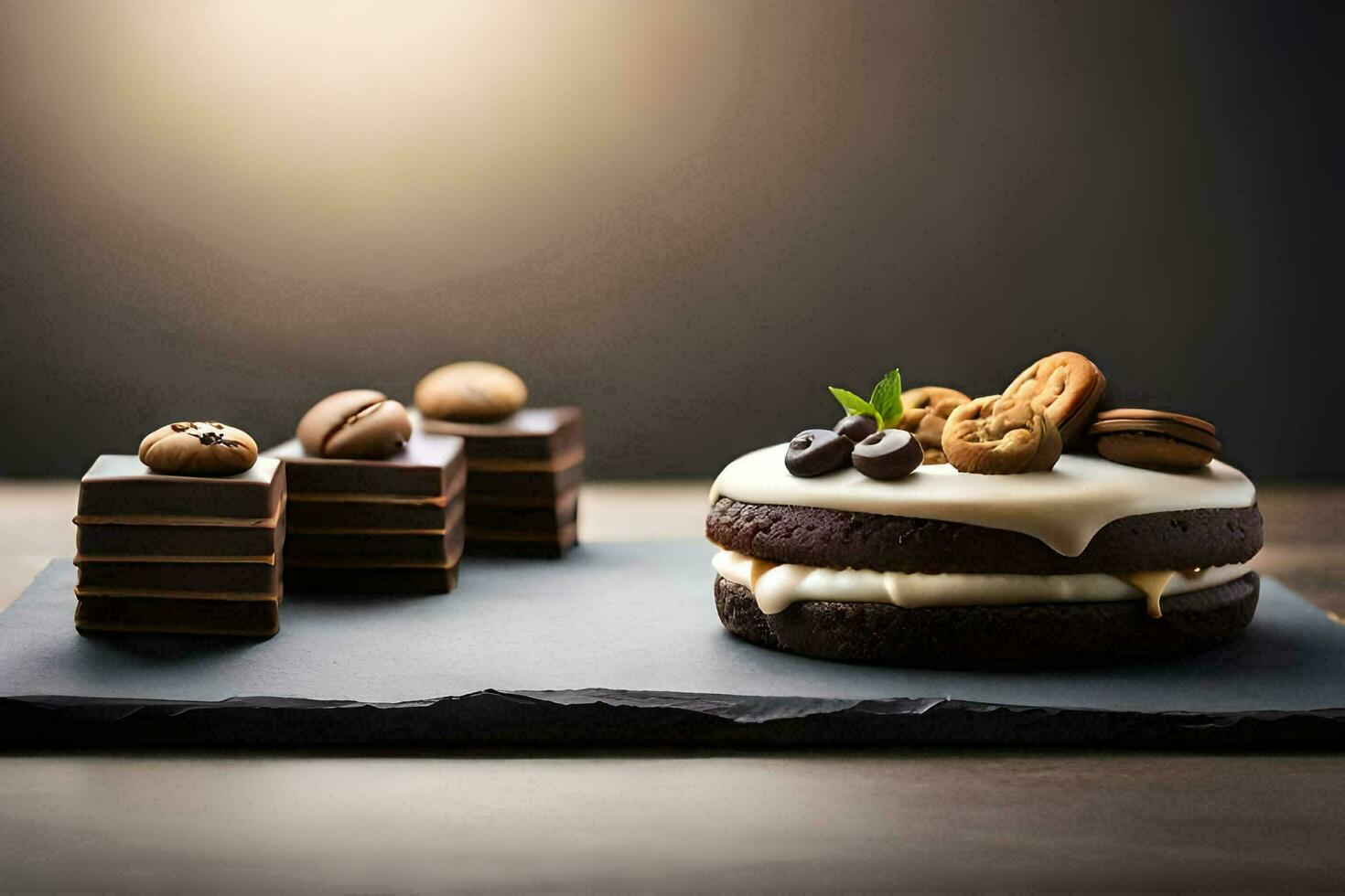 a chocolate cake with cream and nuts on a black slate. AI-Generated photo