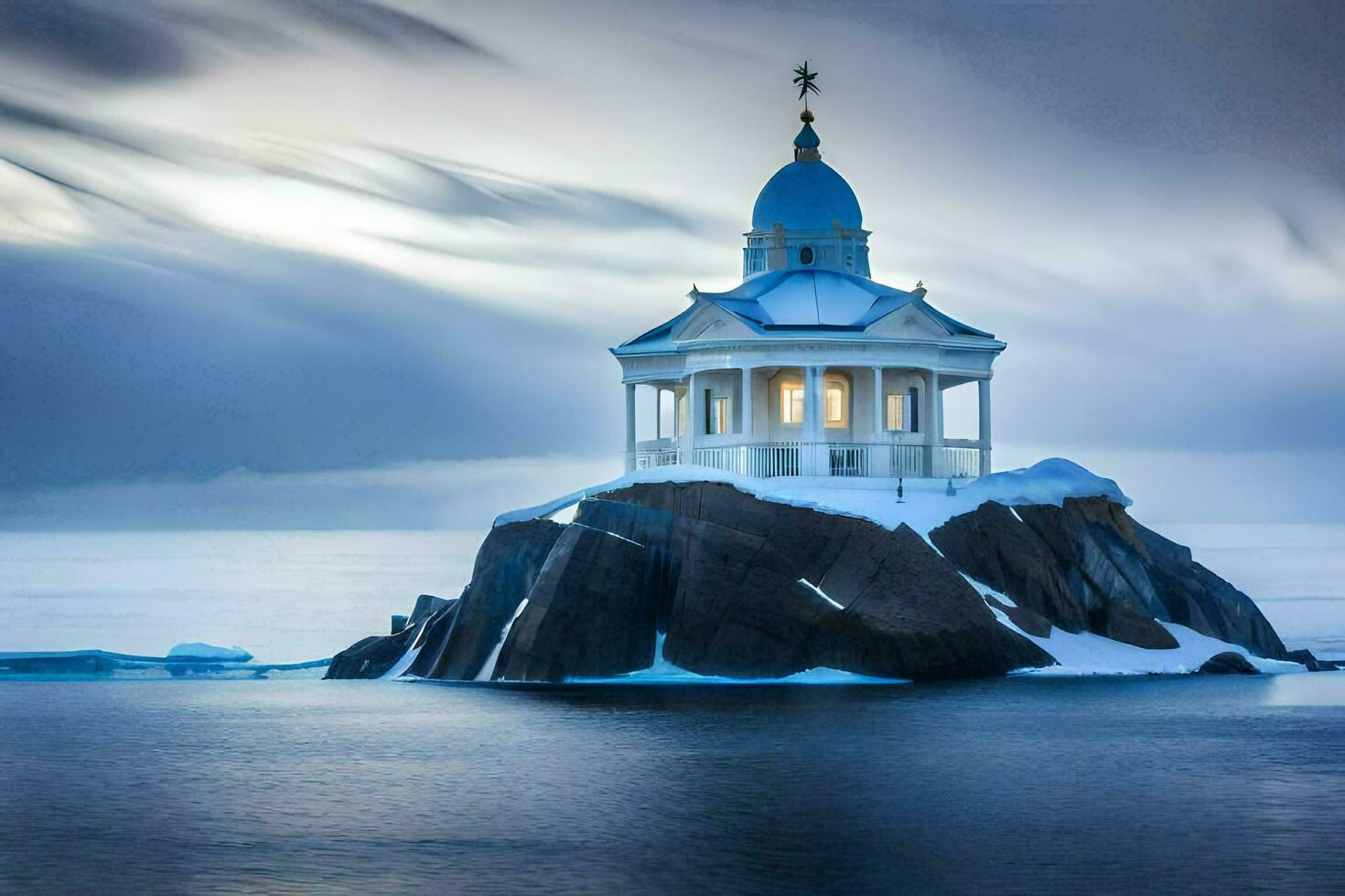a white church on an island in the ocean. AI-Generated photo