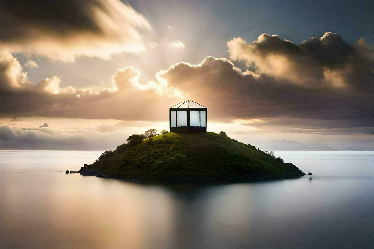 a small house sits on an island in the middle of the ocean. AI-Generated photo