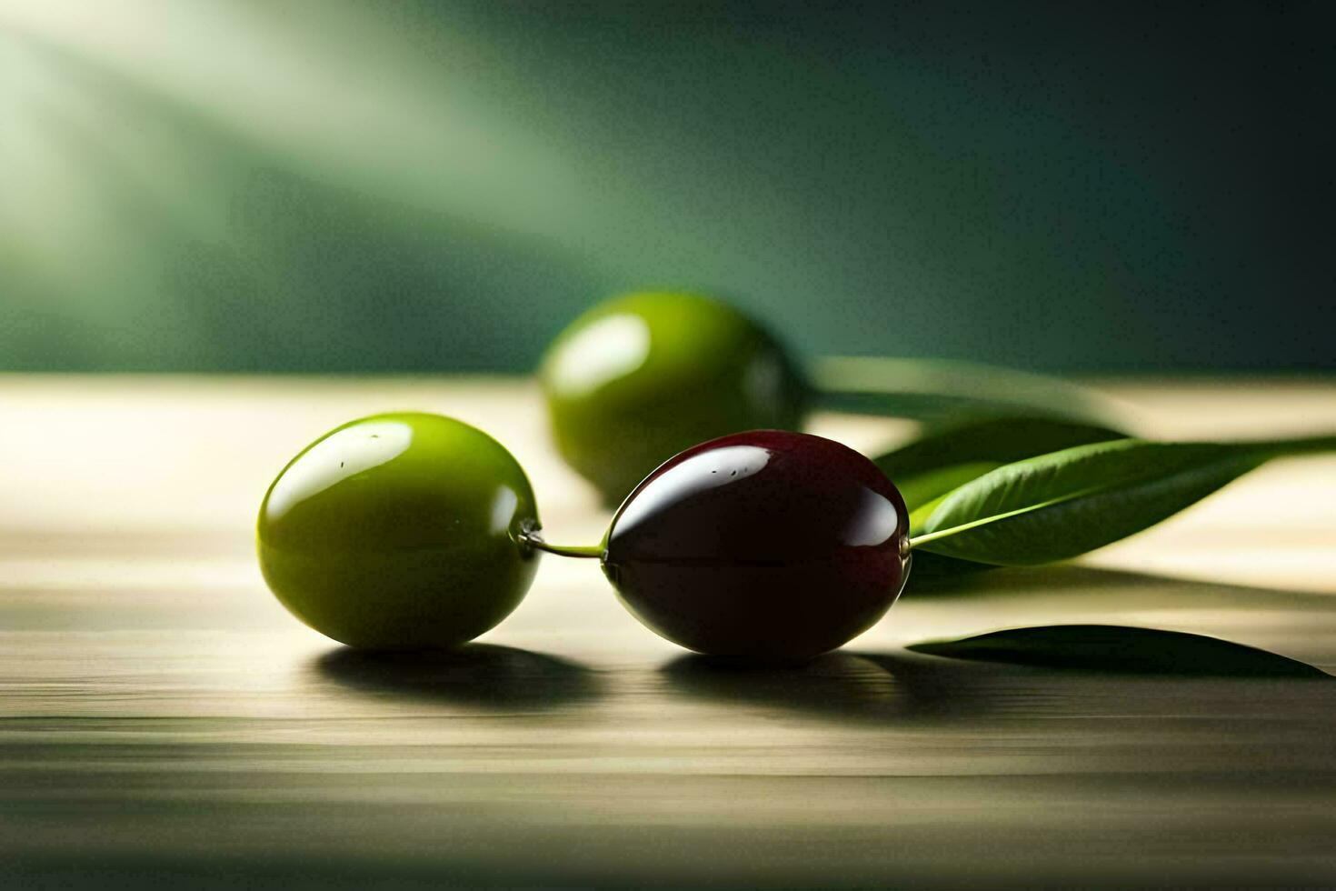 dos verde y rojo aceitunas en un de madera mesa. generado por ai foto