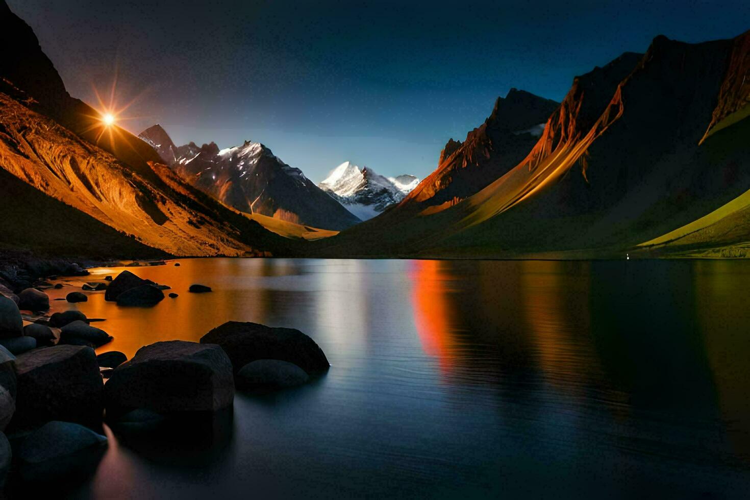 photo wallpaper mountains, the sun, the mountains, the lake, the mountains, the lake,. AI-Generated