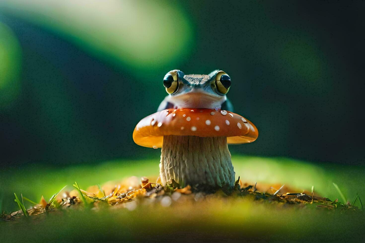 a frog sitting on top of a mushroom. AI-Generated photo