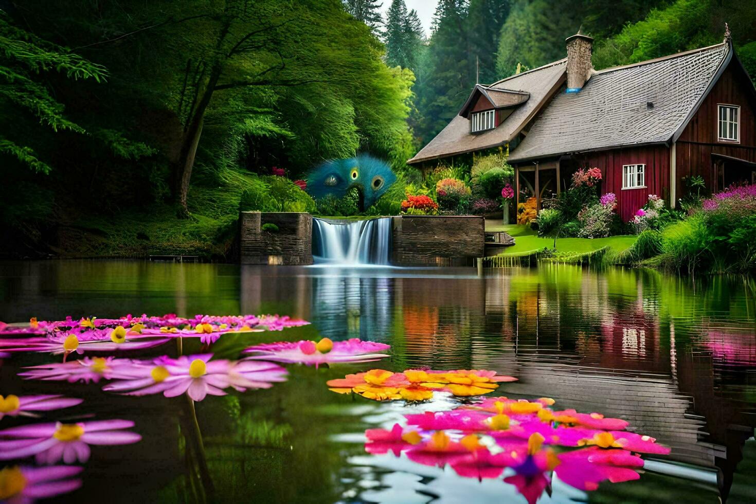 beautiful house in the forest with water lilies. AI-Generated photo