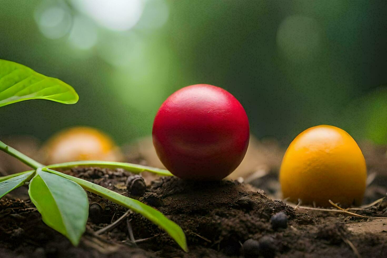 three red and yellow eggs are sitting on the ground. AI-Generated photo