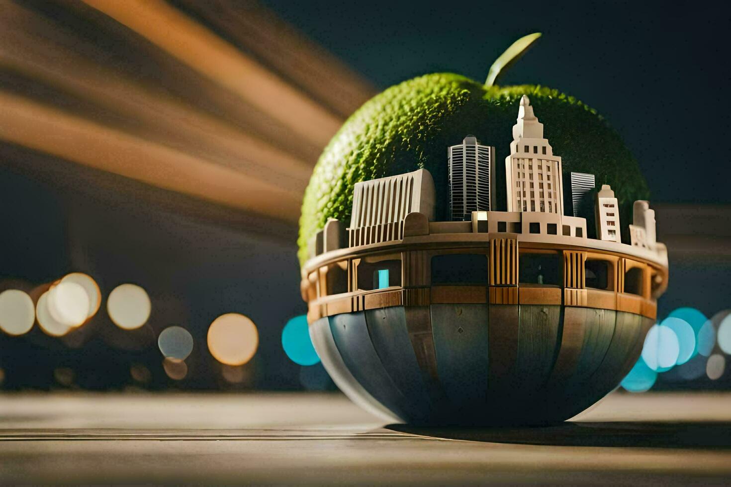 a green apple with a city on top. AI-Generated photo