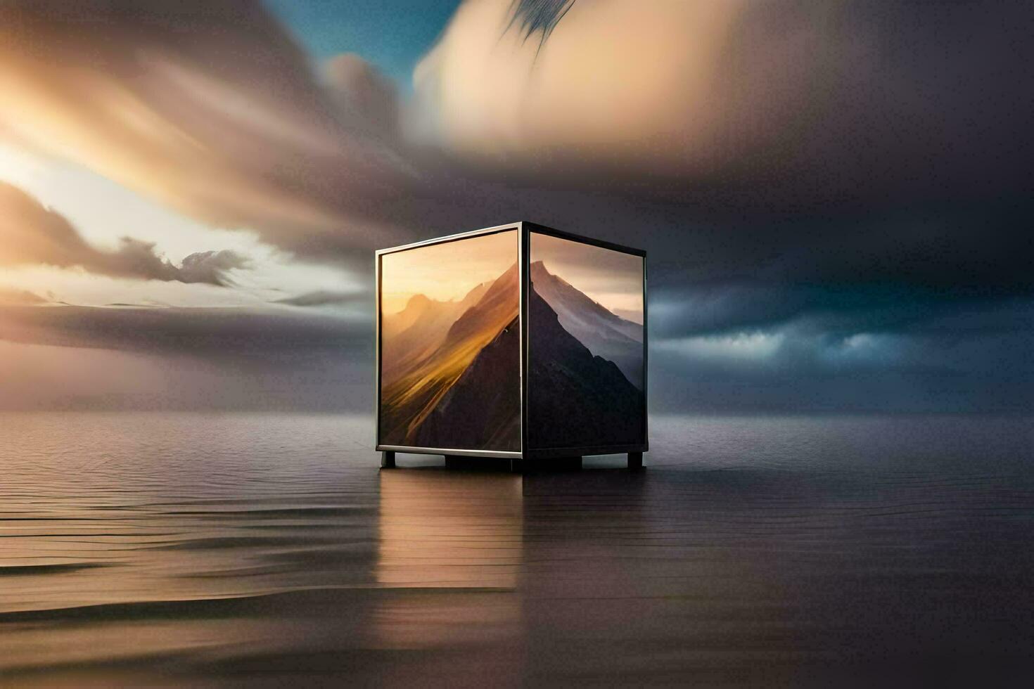 un cubo conformado televisión sentado en el agua con nubes en el antecedentes. generado por ai foto