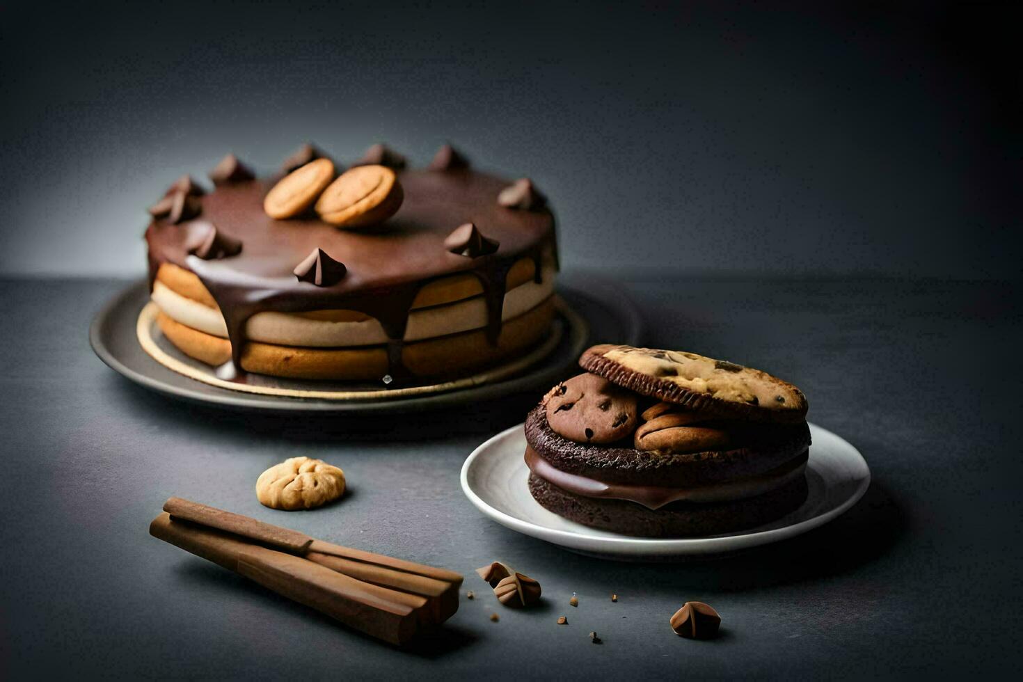 a chocolate cake and cookies on a table. AI-Generated photo