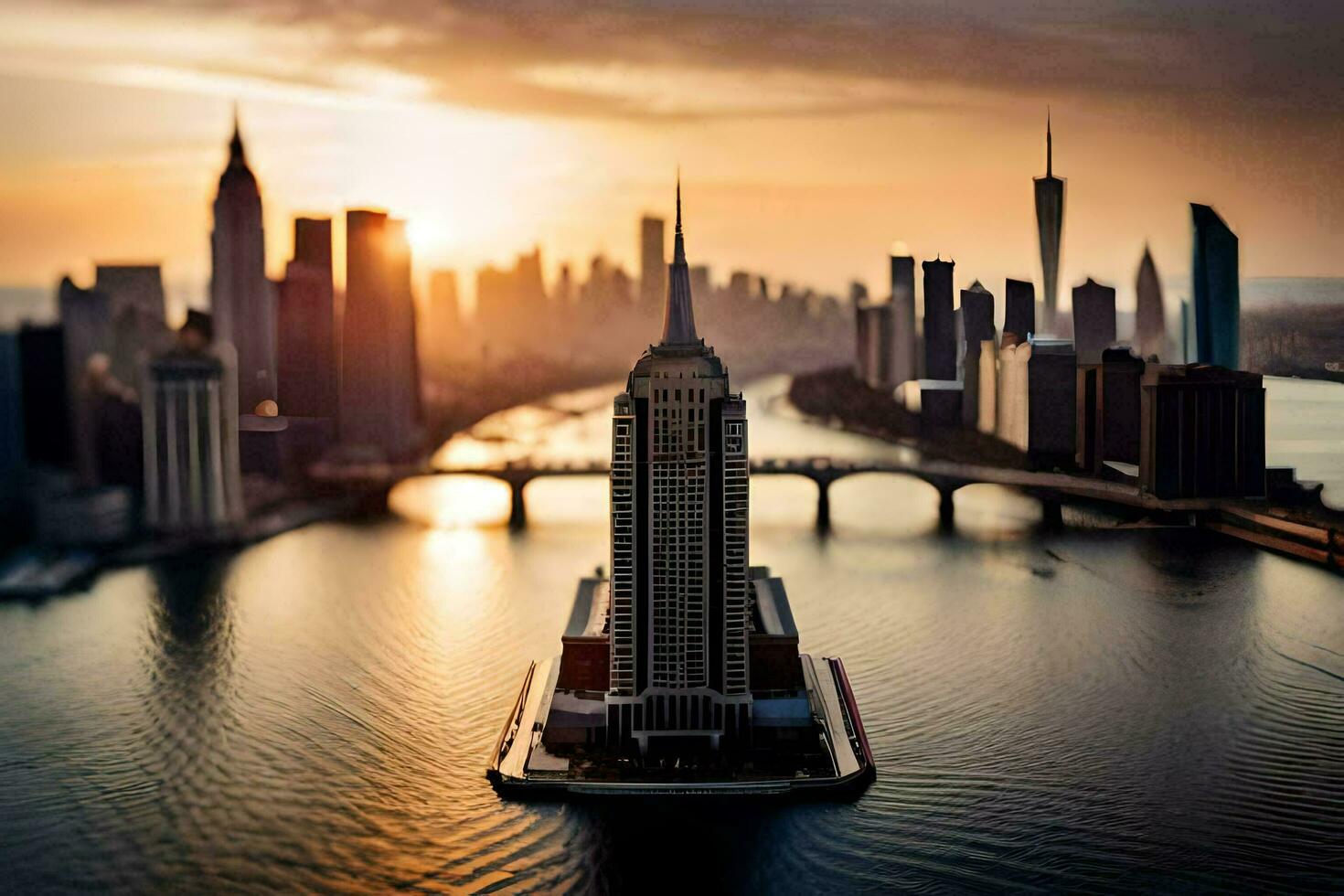 the sun sets over a city skyline with a tall building in the foreground. AI-Generated photo