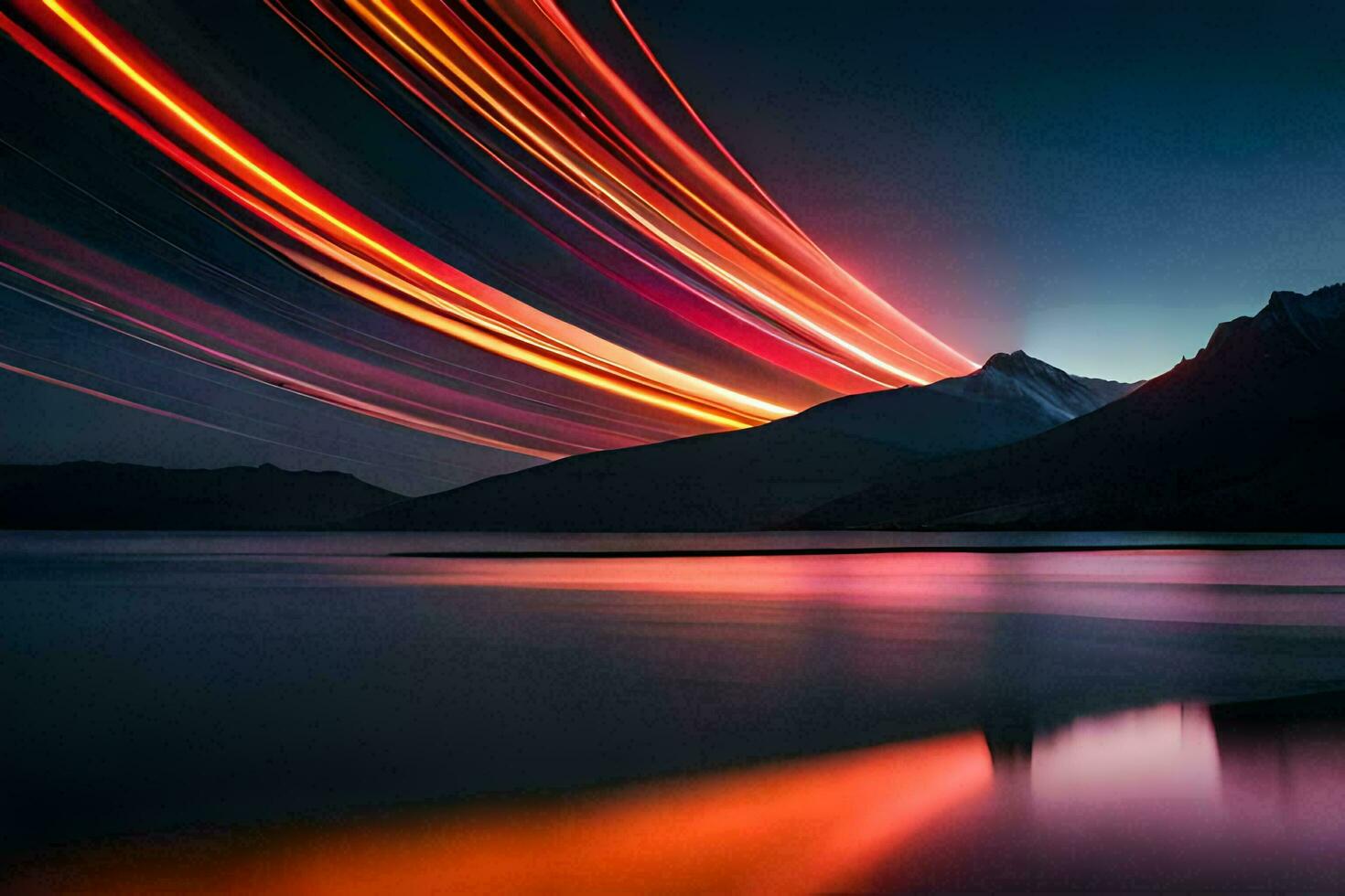 a mountain range and lake at night with light trails. AI-Generated photo