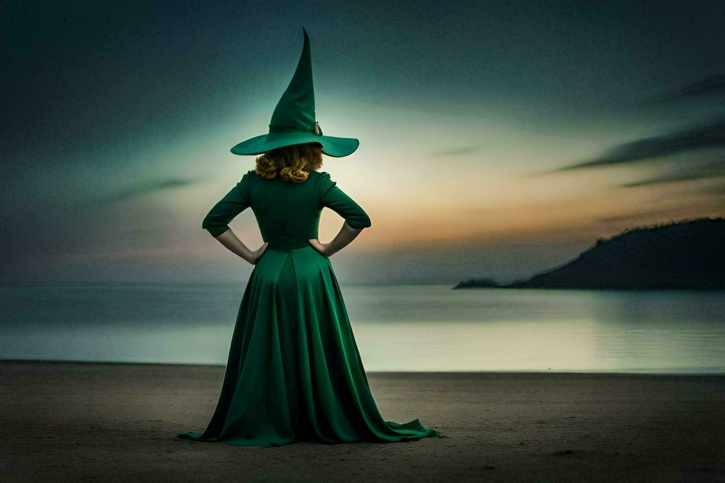 a woman in a green dress and hat stands on the beach. AI-Generated photo