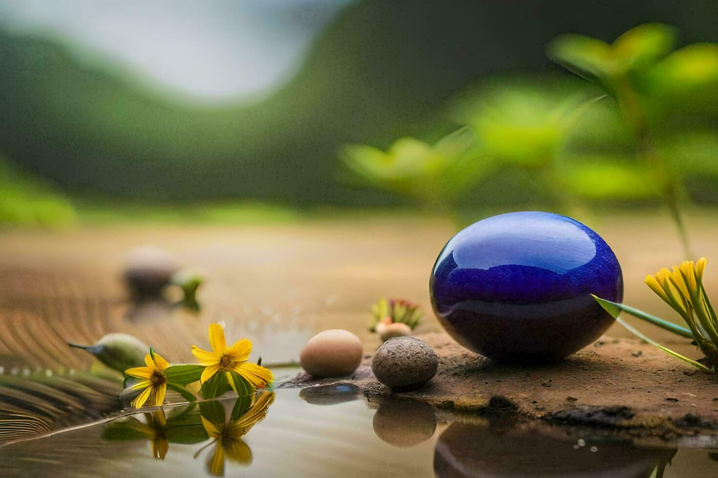 a blue ball sits on the ground surrounded by flowers. AI-Generated photo