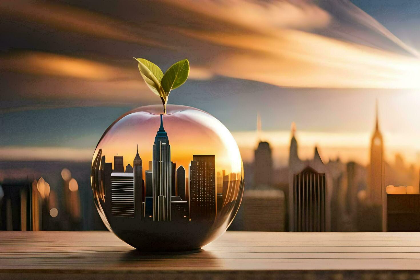 the city is reflected in the apple. AI-Generated photo