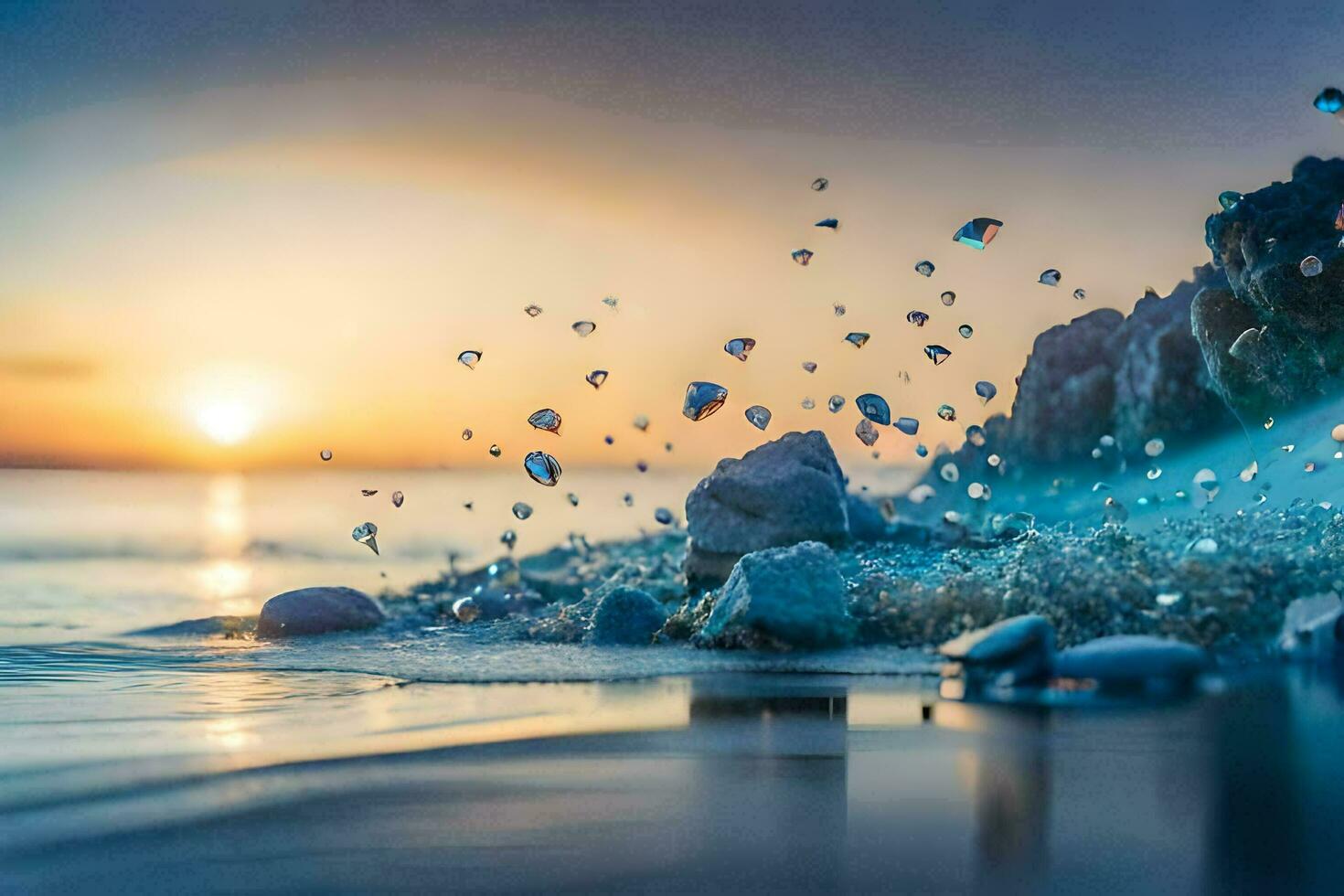 un playa con rocas y agua salpicando generado por ai foto