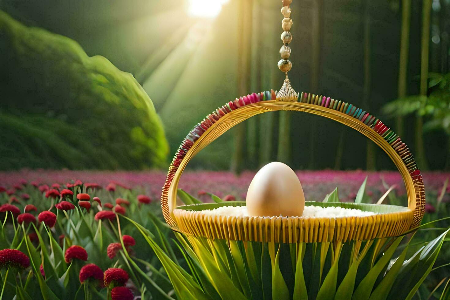 egg in a basket in a garden. AI-Generated photo