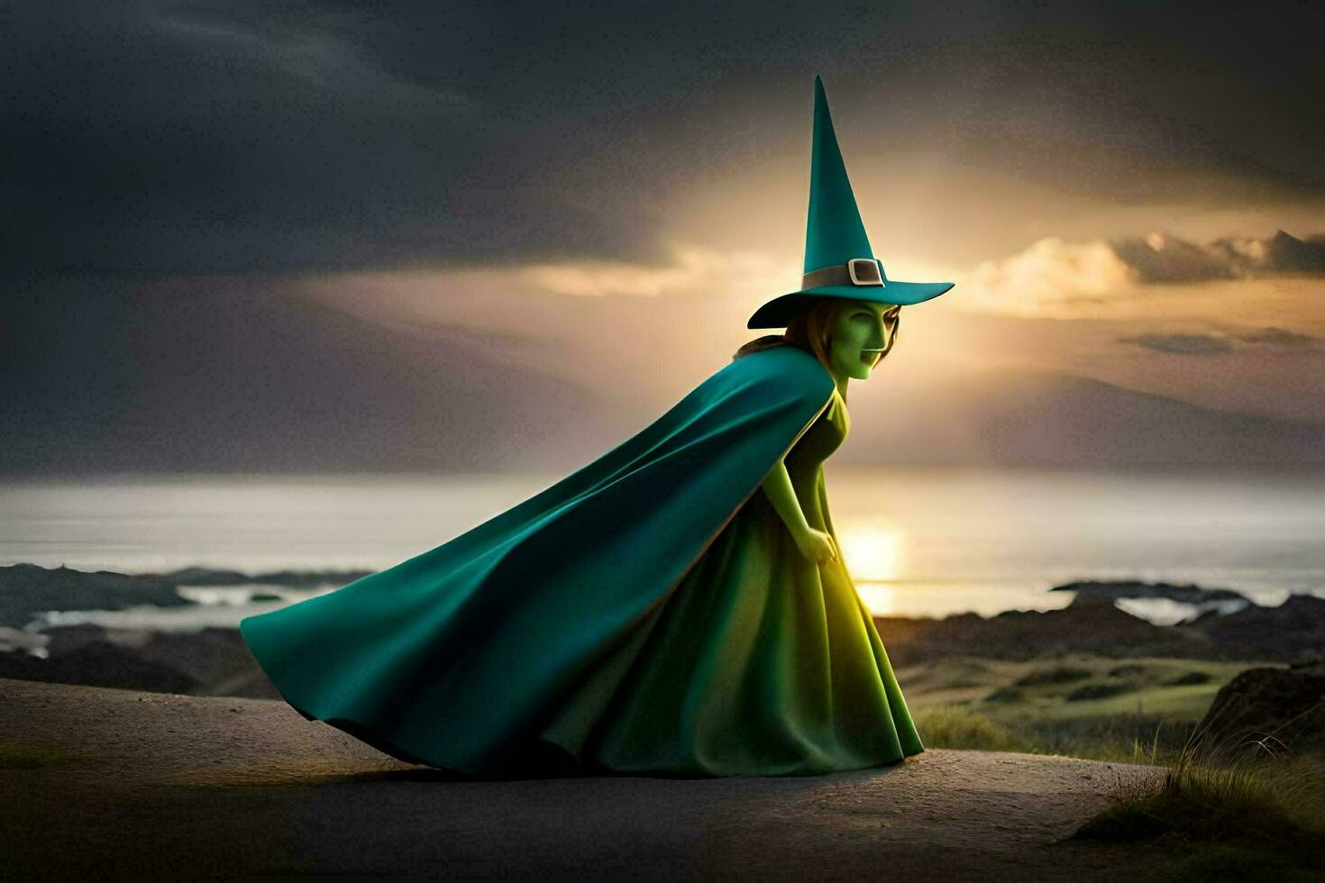 a woman in a green dress and hat standing on a road. AI-Generated photo