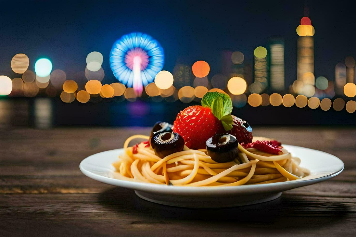 a plate of spaghetti with berries and a ferris wheel in the background. AI-Generated photo