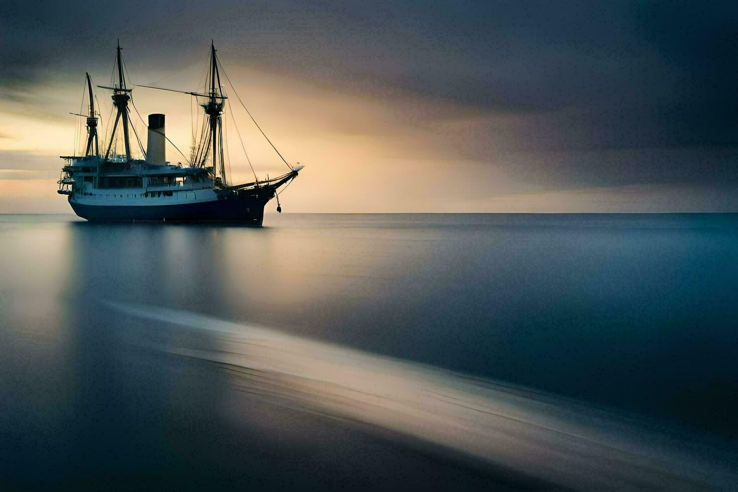 a sailing ship in the ocean at sunset. AI-Generated photo