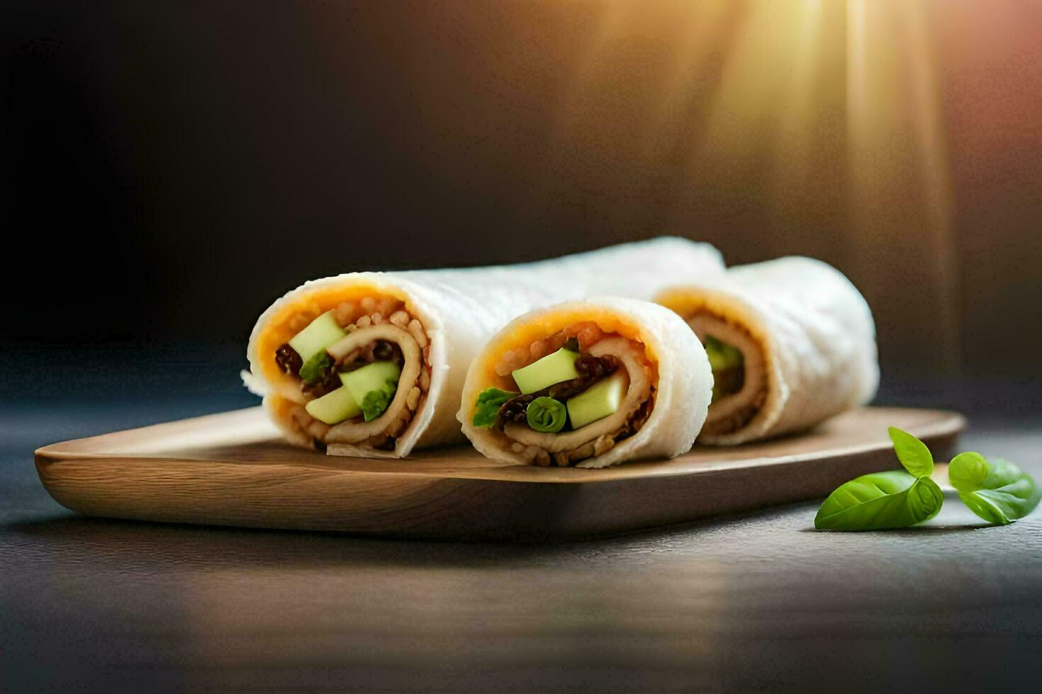 two wraps with meat and vegetables on a wooden plate. AI-Generated photo