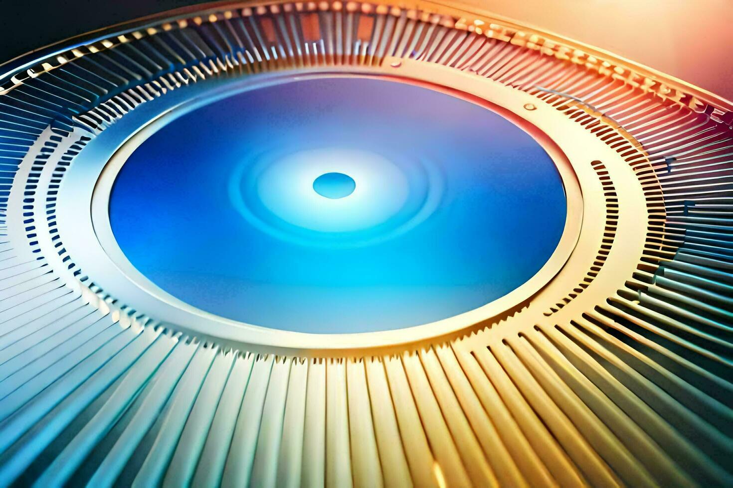 a close up of a circular object with a blue light. AI-Generated photo