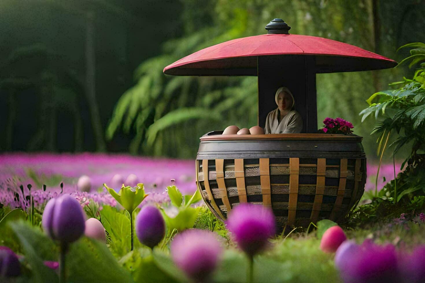 a woman sitting in a barrel with purple flowers. AI-Generated photo